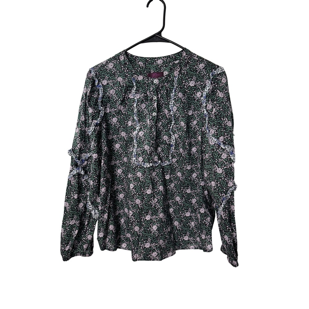 J.Crew Liberty Fabric Blouse Green Floral Ruffle Long Sleeve Cotton Top L
